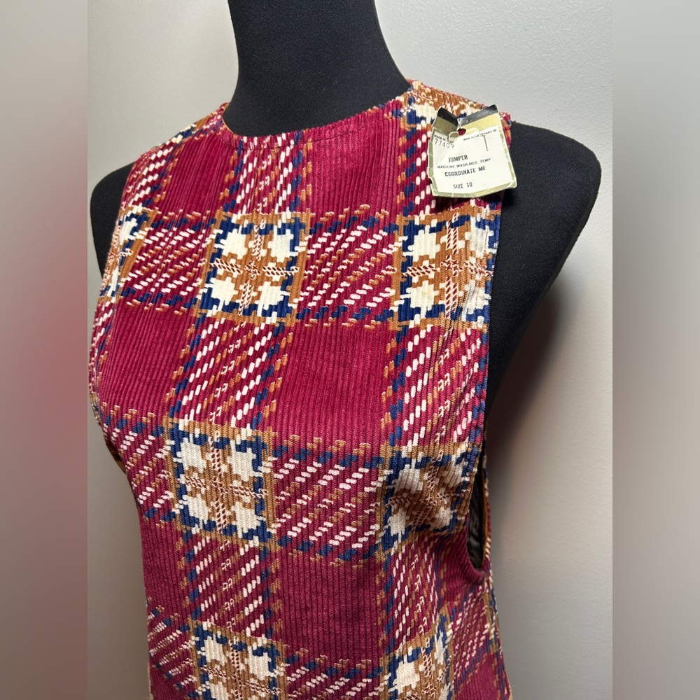 Vintage 70s Plaid Corduroy Jumper Dress Mod Patchwork Mini Deadstock - Picture 3 of 8